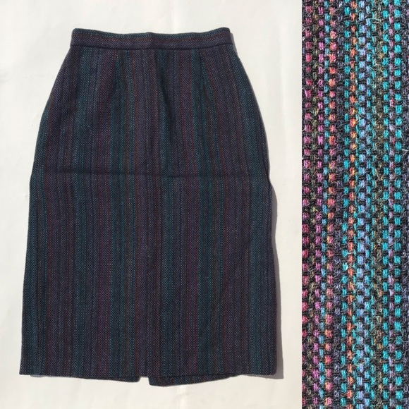 Vintage 70s Women’s Pencil Skirt Striped Teal Wool